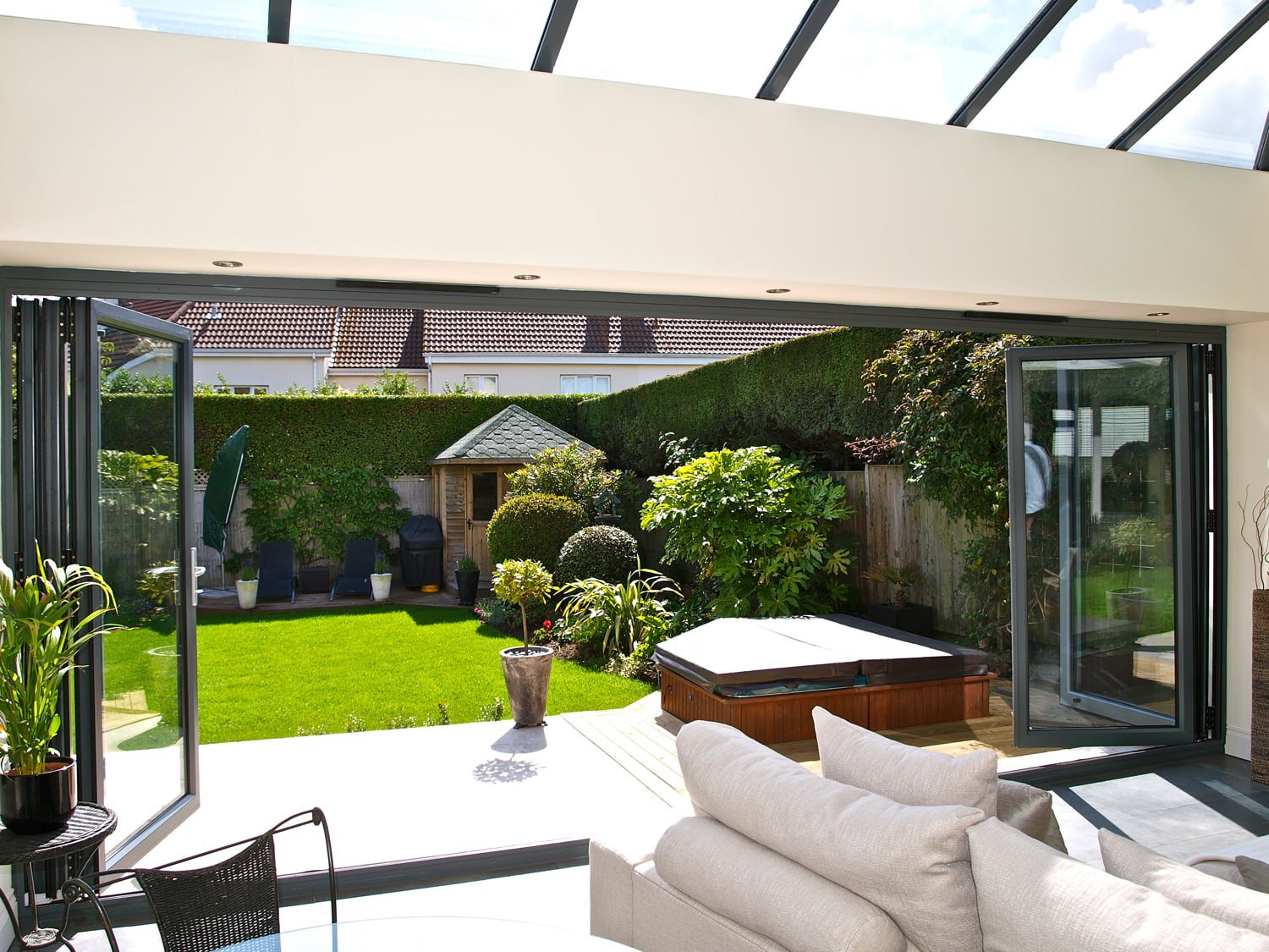 Anthracite grey aluminium bi fold doors Internal open Anthracite grey aluminium bi fold doors Internal open